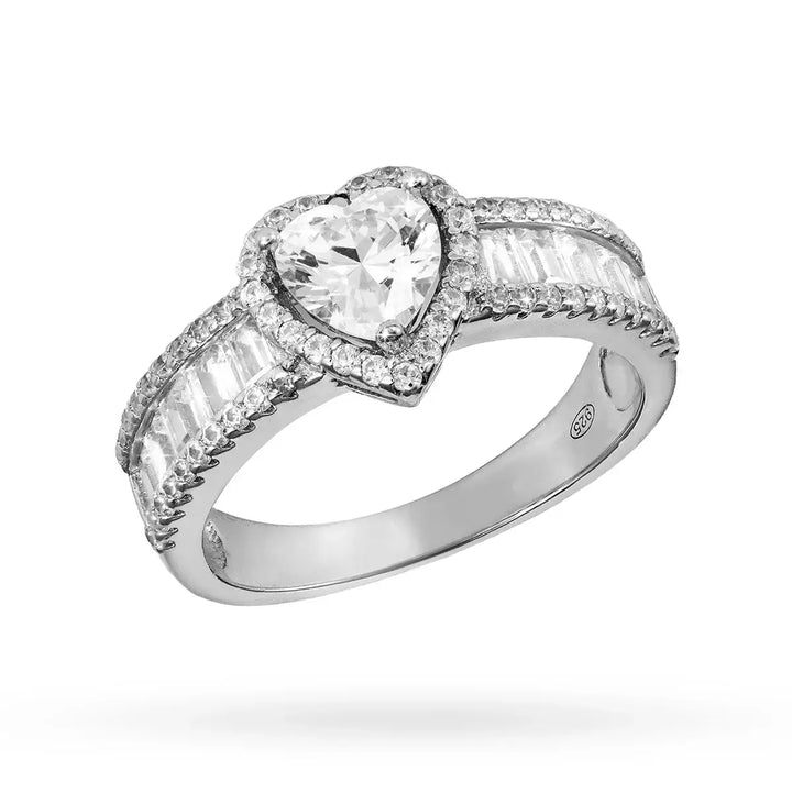 Сребърен пръстен със сърце от циркон и родиево покритие