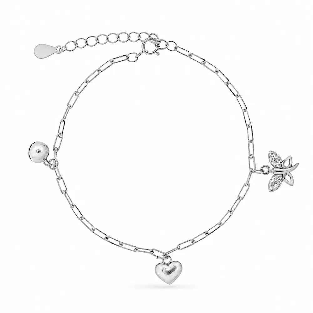 Сребърна гривна от сребро 925 с висулки сърце и цвете с циркони Senso Silver на бял фон
