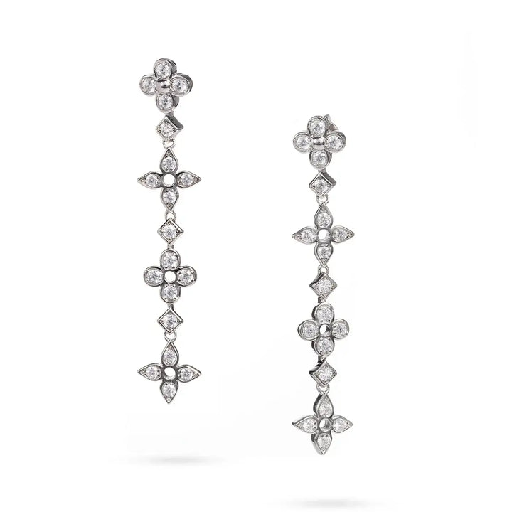 Сребърни обеци на винт с форма на детелини, циркони и родиево покритие, 4.5 см