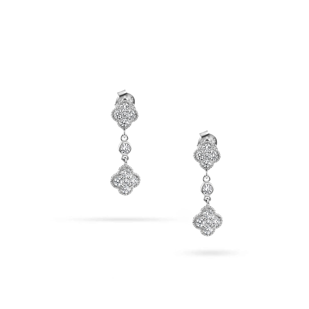Women's Silver Drop Earrings with Clover Motifs and Zirconia by Senso Silver