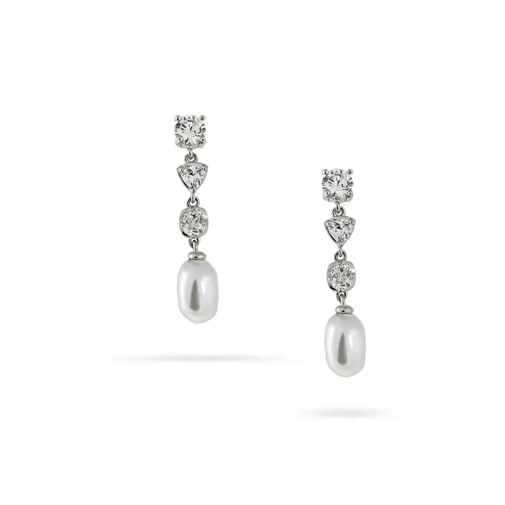 Сребърни висящи обеци от сребро 925 с родиево покритие, циркони и сладководни перли,