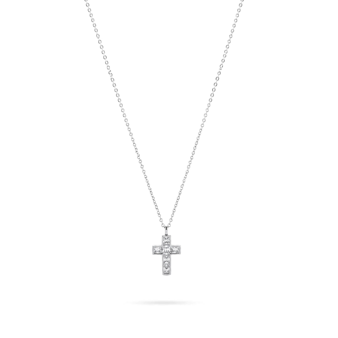 Women's Silver Rectangular Cross Necklace with Square Zirconia by Senso Silver