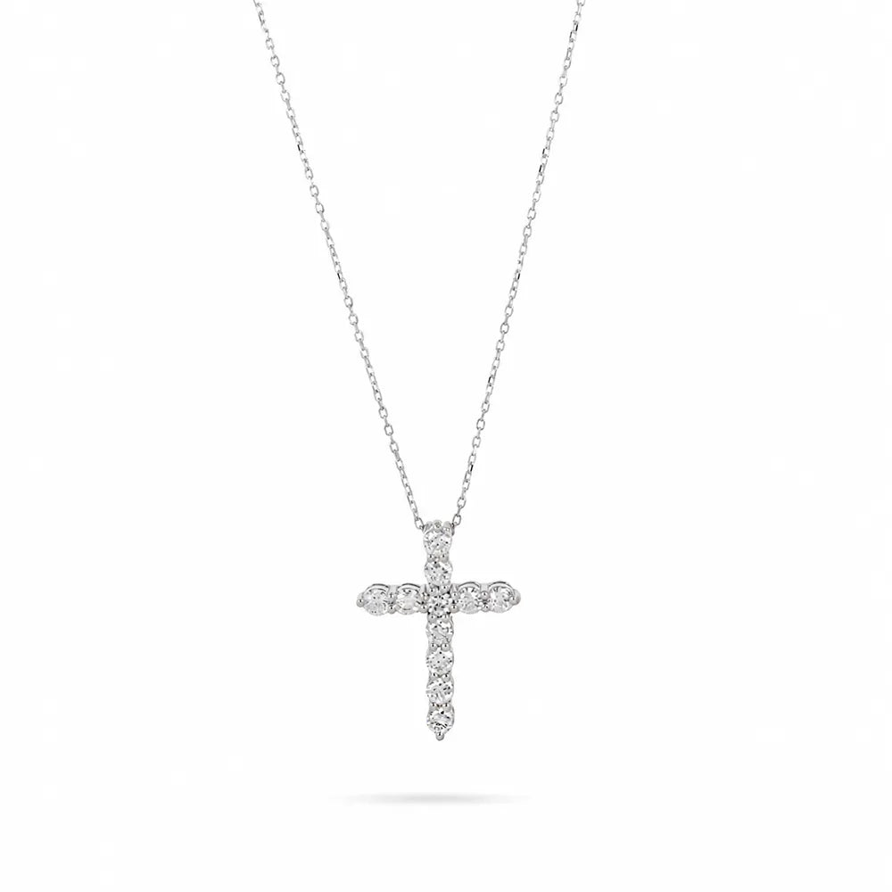 Колие от 14K бяло злато Senso Diamonds с кръст и диаманти 0.38 ct на бял фон
