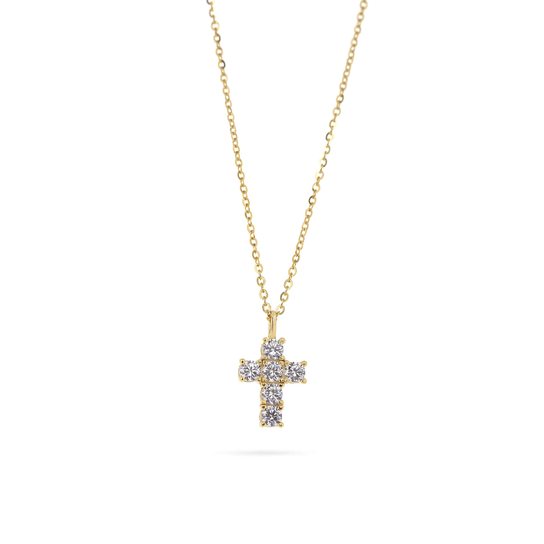 Дамско сребърно колие със златно покритие с висулка кръст с циркони