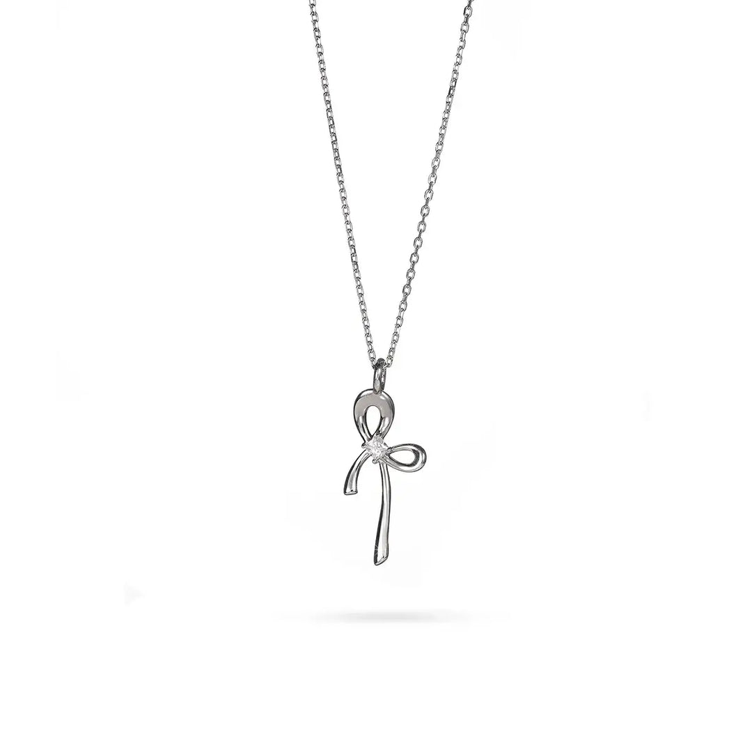 Колие от сребро с родиево покритие и панделка с циркон – модерен минимализъм