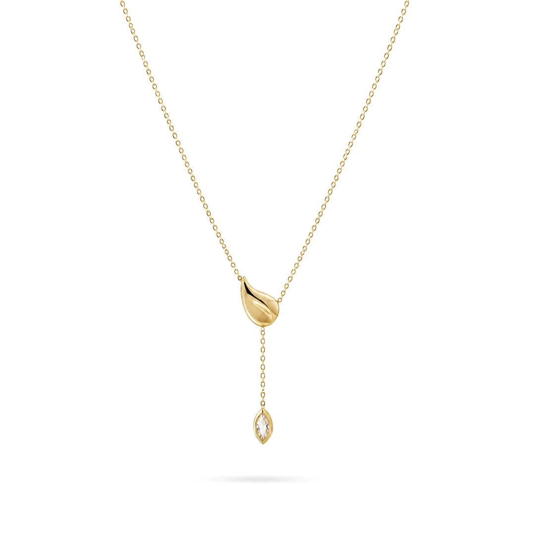 Women's Gold-Tone Silver Y Necklace with Leaf and Zirconia Drop by Senso Silver