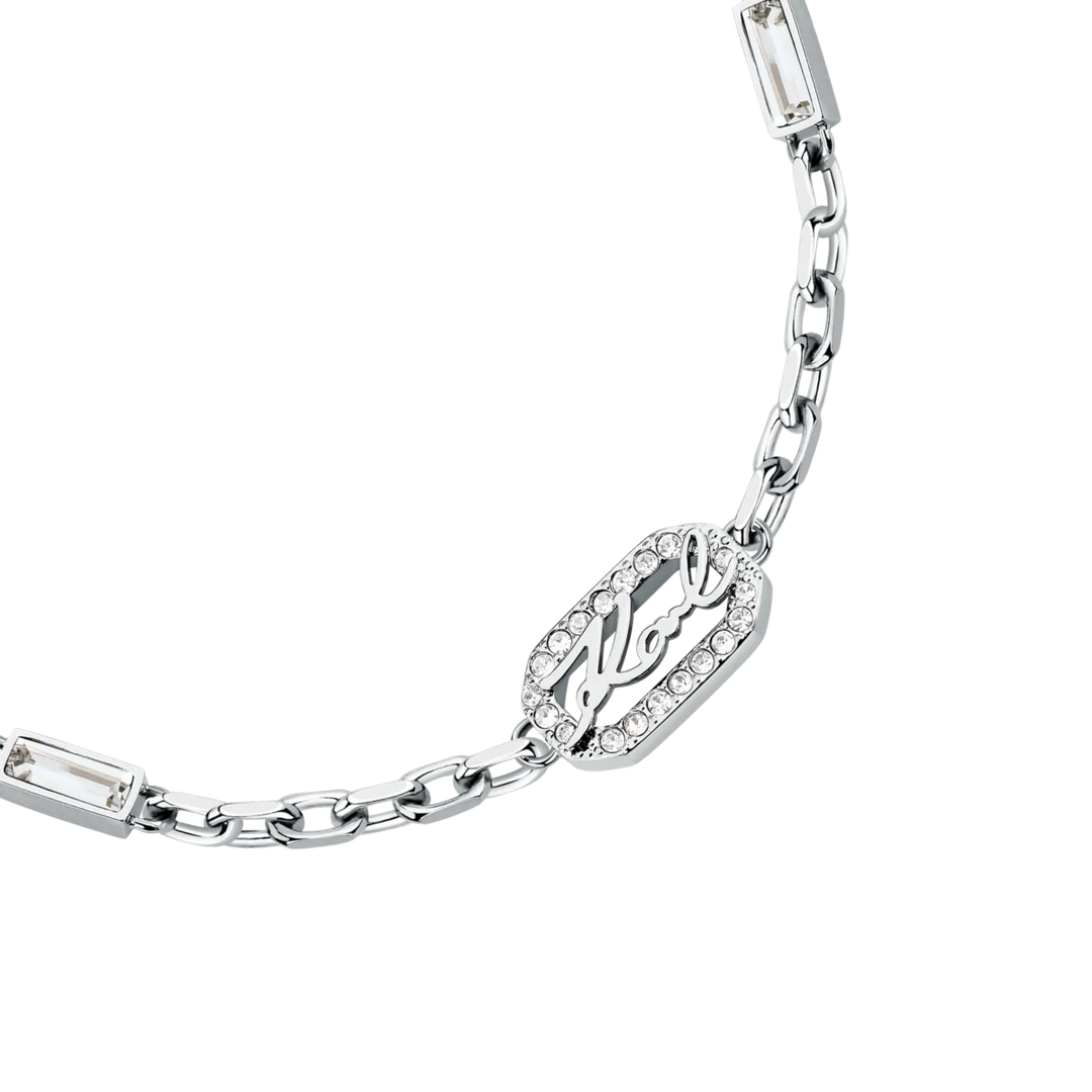 Сребриста дамска гривна Karl Lagerfeld с верижка, карабинер и медальон с лого – Crystals KLAYC34
