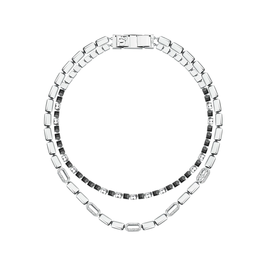 Statement колие Karl Lagerfeld Crystals с двоен ред правоъгълни звена и кристали в сребристо и черно – KLAYC01