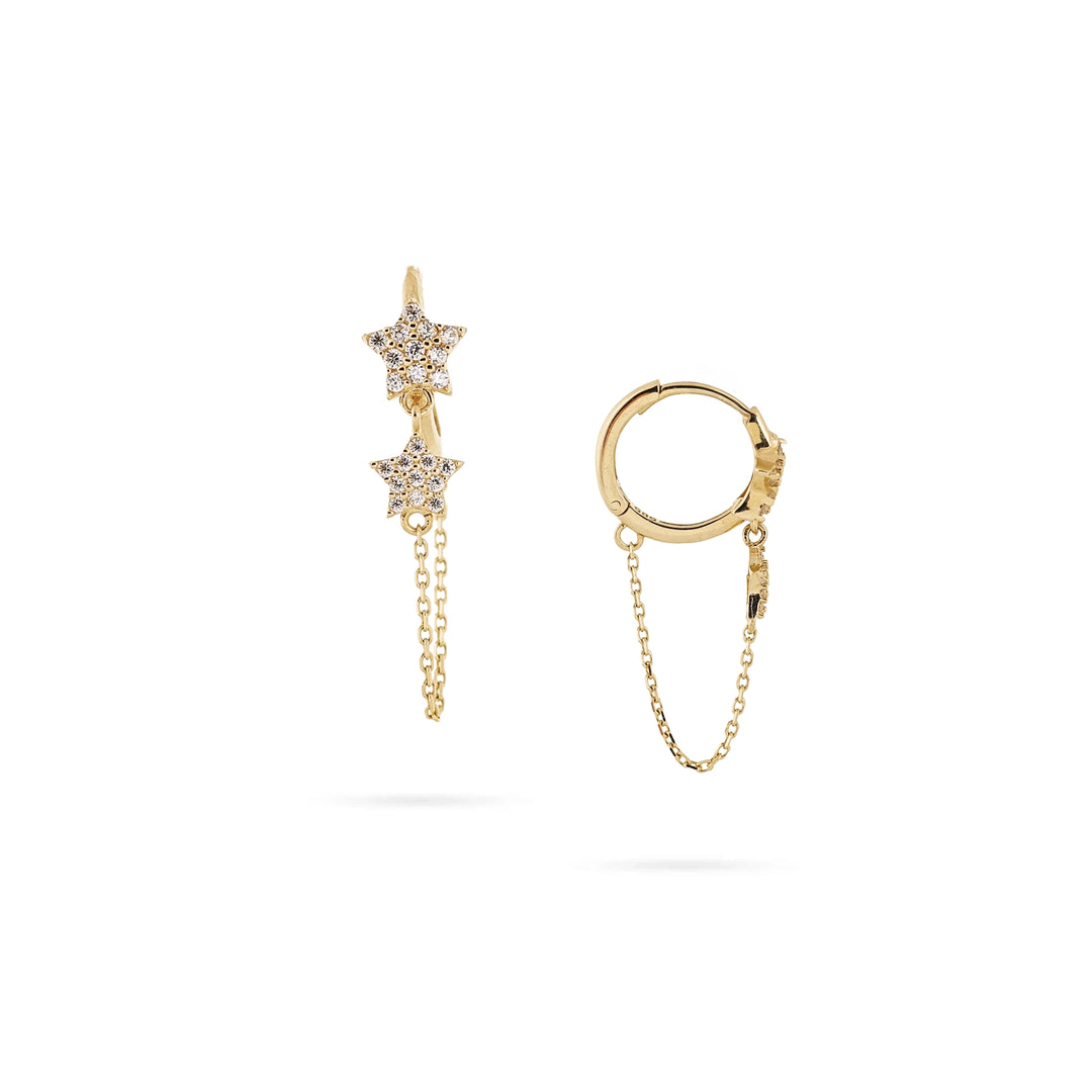 14K Gold Star Earrings with Draped Chains by Senso Gold, on a white background