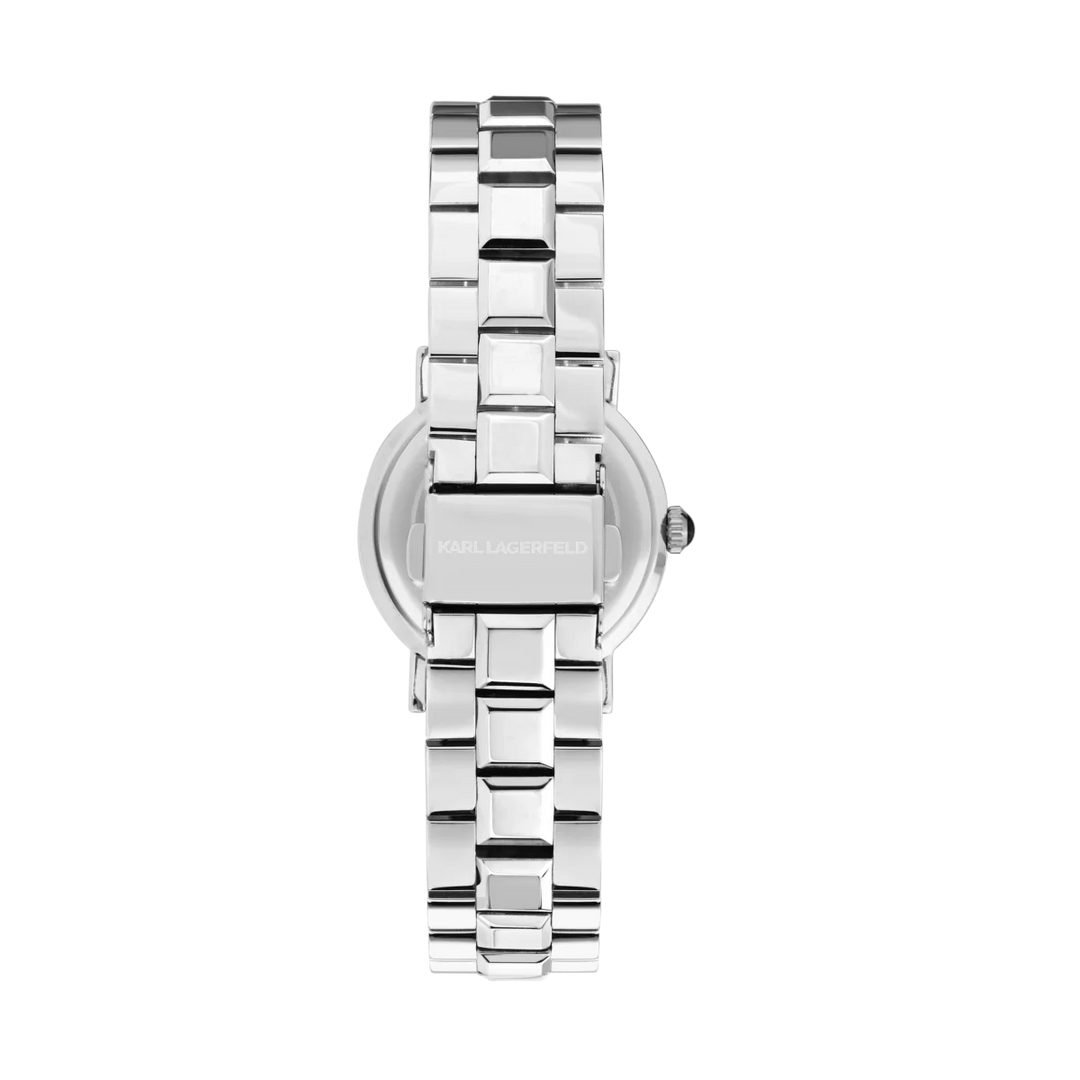 Гръб и разгъваща се закопчалка на дамски часовник Karl Lagerfeld Crystals със сребриста стоманена верижка – модел R0553100512