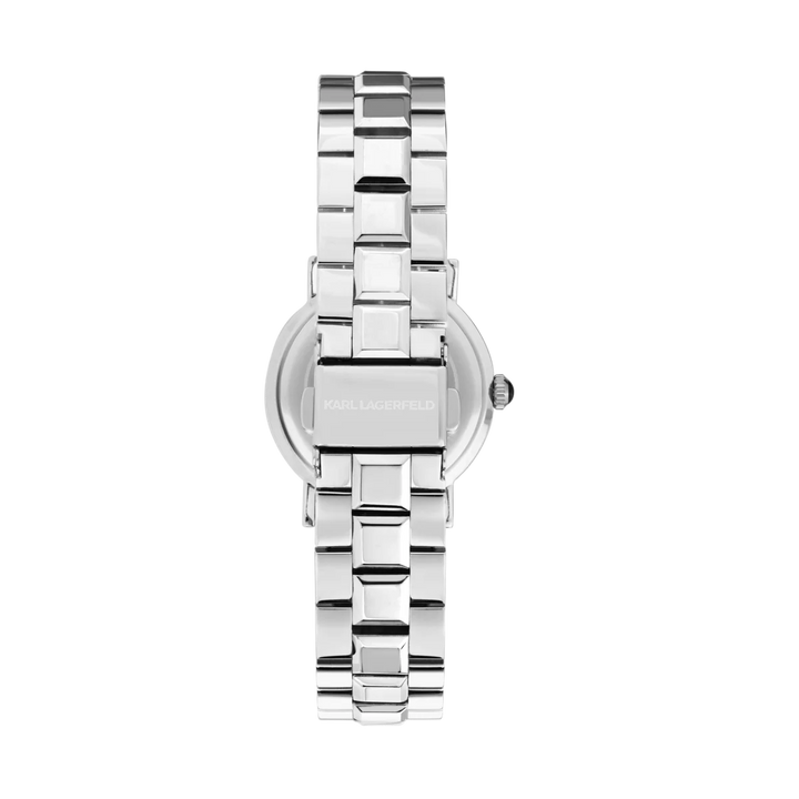 Гръб и разгъваща се закопчалка на дамски часовник Karl Lagerfeld Crystals със сребриста стоманена верижка – модел R0553100512