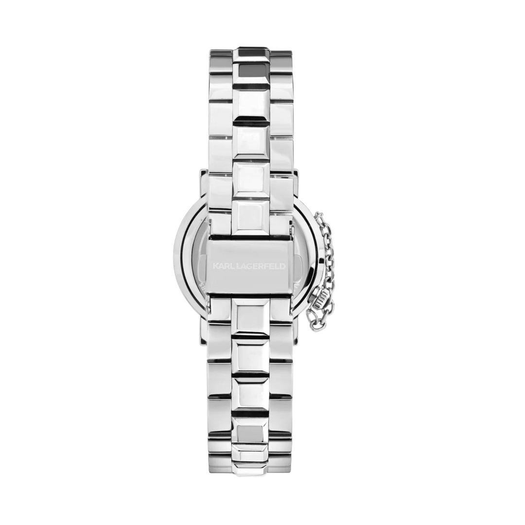 Гръб и разгъваща се закопчалка на дамски часовник Karl Lagerfeld Crystals със сребриста стоманена верижка – модел R0553100501