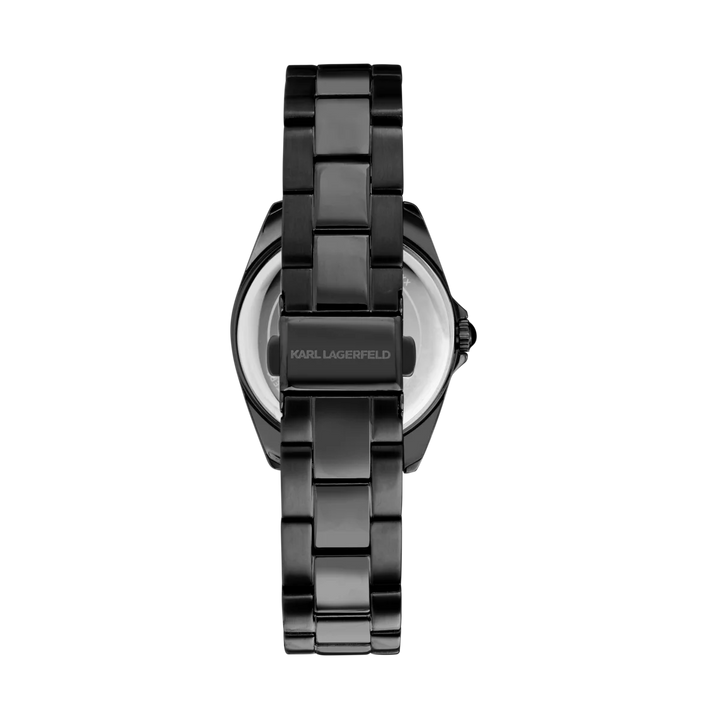 Гръб и разгъваща се закопчалка на дамски часовник Karl Lagerfeld Round Essentials с черна стоманена верижка – модел R0553101513