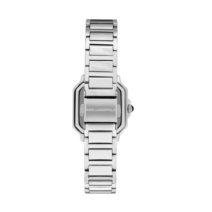 Гръб и разгъваща се закопчалка на дамски часовник Karl Lagerfeld Square Classics със сребриста стоманена верижка – модел R0553102502