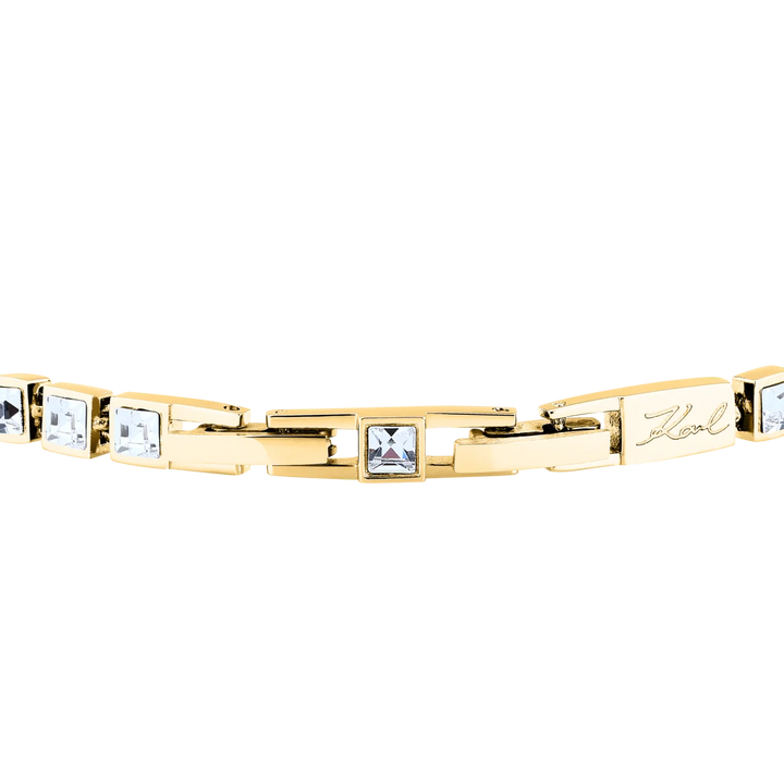 Сгъваща се закопчалка и гравиран подпис Karl на златиста тенис гривна Crystals – модел KLAYC25