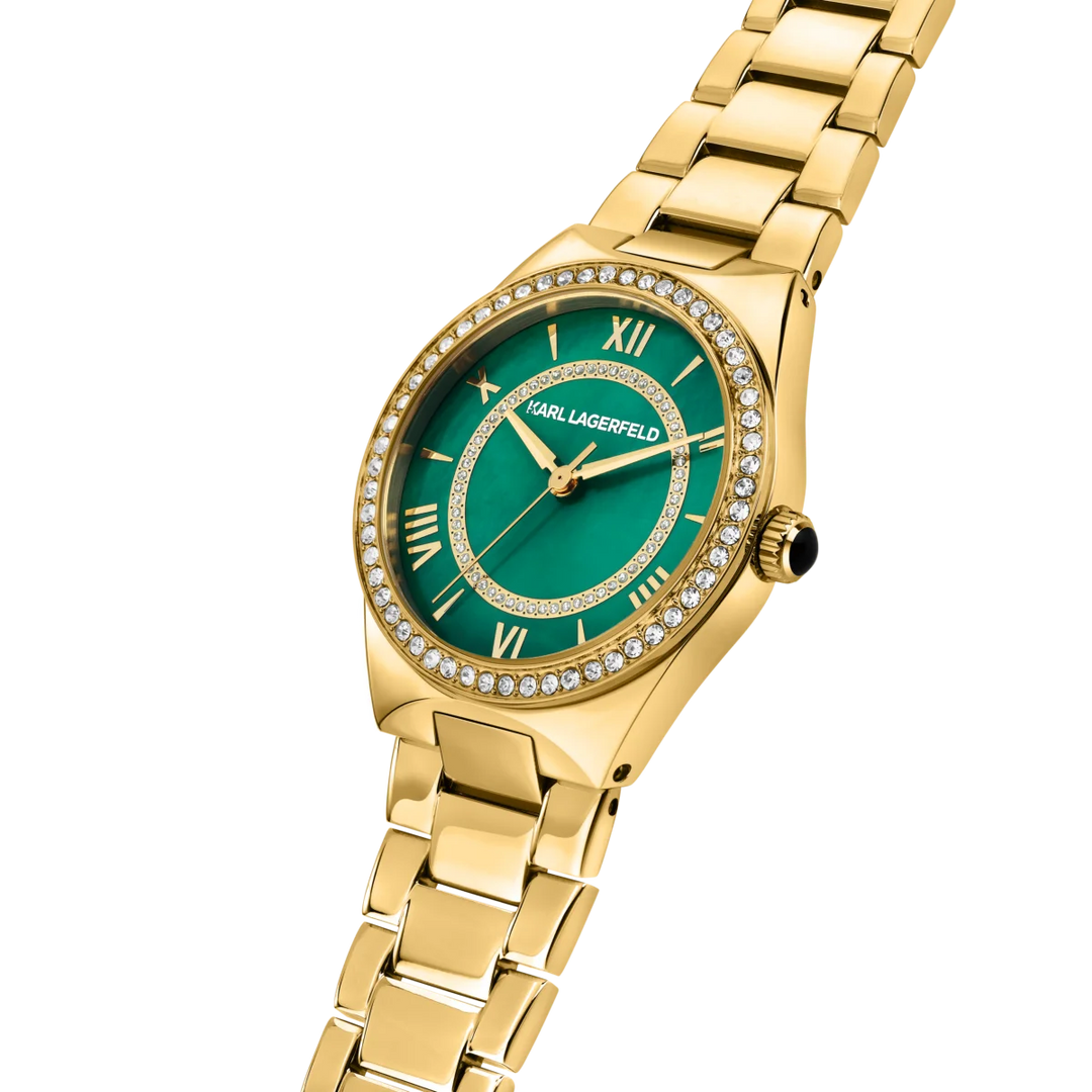 Заден изглед на дамски часовник Karl Lagerfeld Hamburg със златиста стоманена верижка и разтваряща се закопчалка – R0553105502
