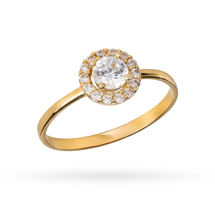 Златен пръстен с централен циркон и обков от малки камъни