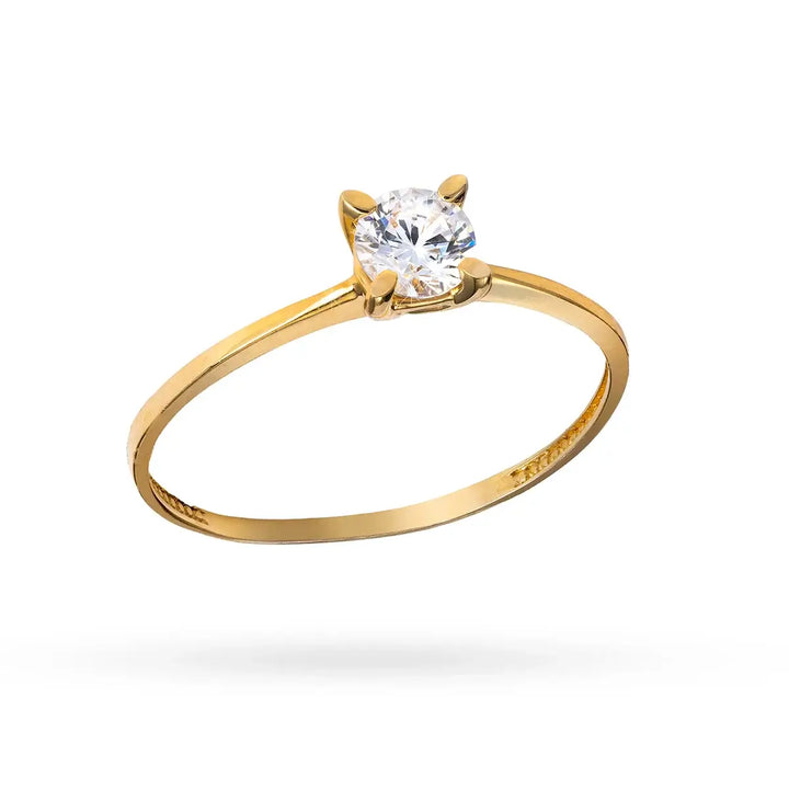 Златен пръстен с централен циркон и извита тънка халка