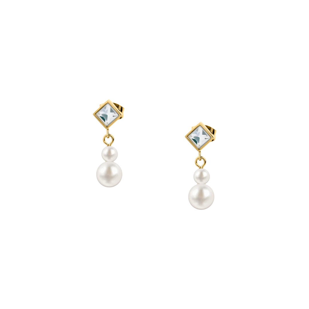 Златисти обеци с висящи бели перли и прозрачни кристали от колекция Karl Lagerfeld Pearl – KLAYR22