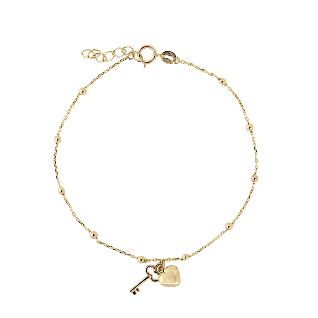 Дамска златна гривна със сърце и ключ