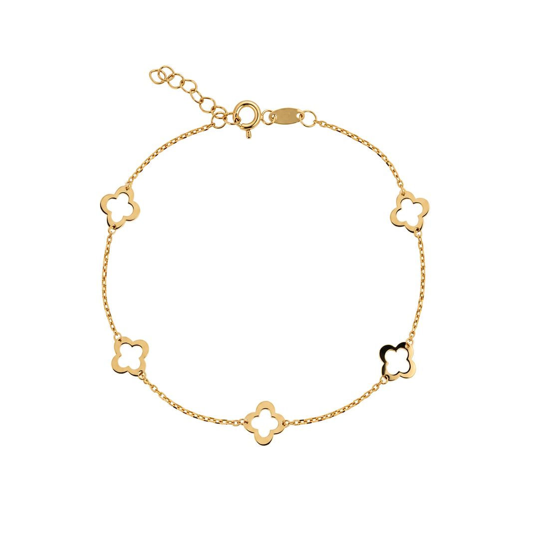 Златна гривна с пет ажурни детелини 14К Senso Gold, на бял фон