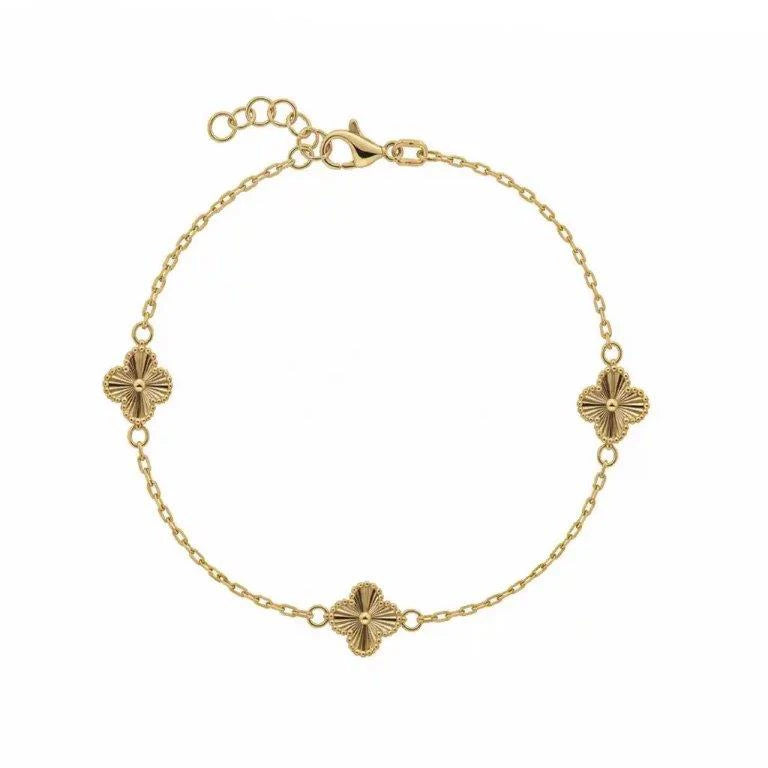 14K Gold Bracelet with Three Textured Clovers by Senso Gold, DB2670, on a white background