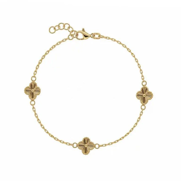 14K Gold Bracelet with Three Textured Clovers by Senso Gold, DB2670, on a white background