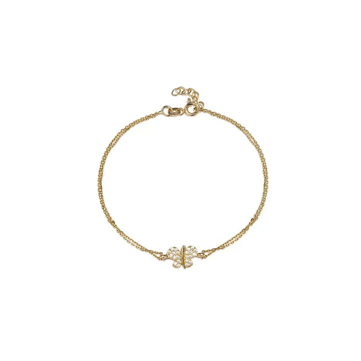 Златна дамска гривна с пеперуда и бели циркони