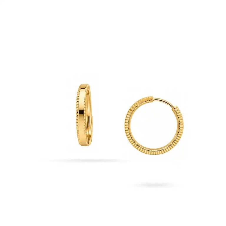 14K Gold Hoop Earrings with a Fine Textured Edge by Senso Gold, DE2489, on a white background