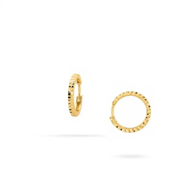 14K Gold Hoop Earrings with Faceted Texture by Senso Gold, DE2495, on a white background