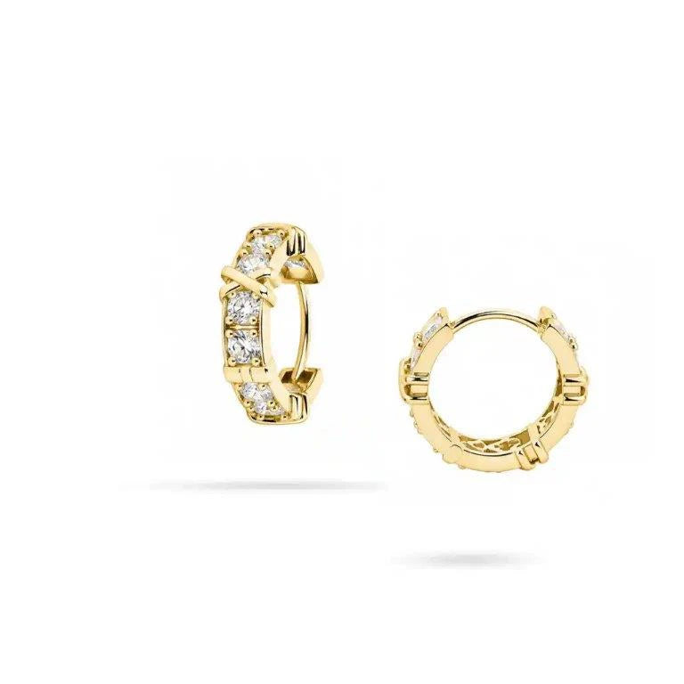 14K Gold Hoop Earrings with Zircon and Crossed Details by Senso Gold, DE2494, on a white background