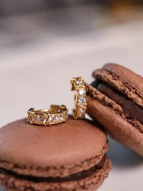 14K Gold Hoop Earrings with Zircon and Crossed Details by Senso Gold, DE2494, in a styled setting