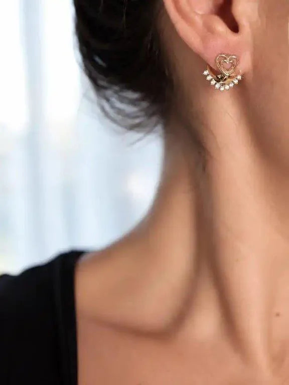 14K Reversible Gold Heart Earrings with Zircon by Senso Gold, DE2486, worn on a model