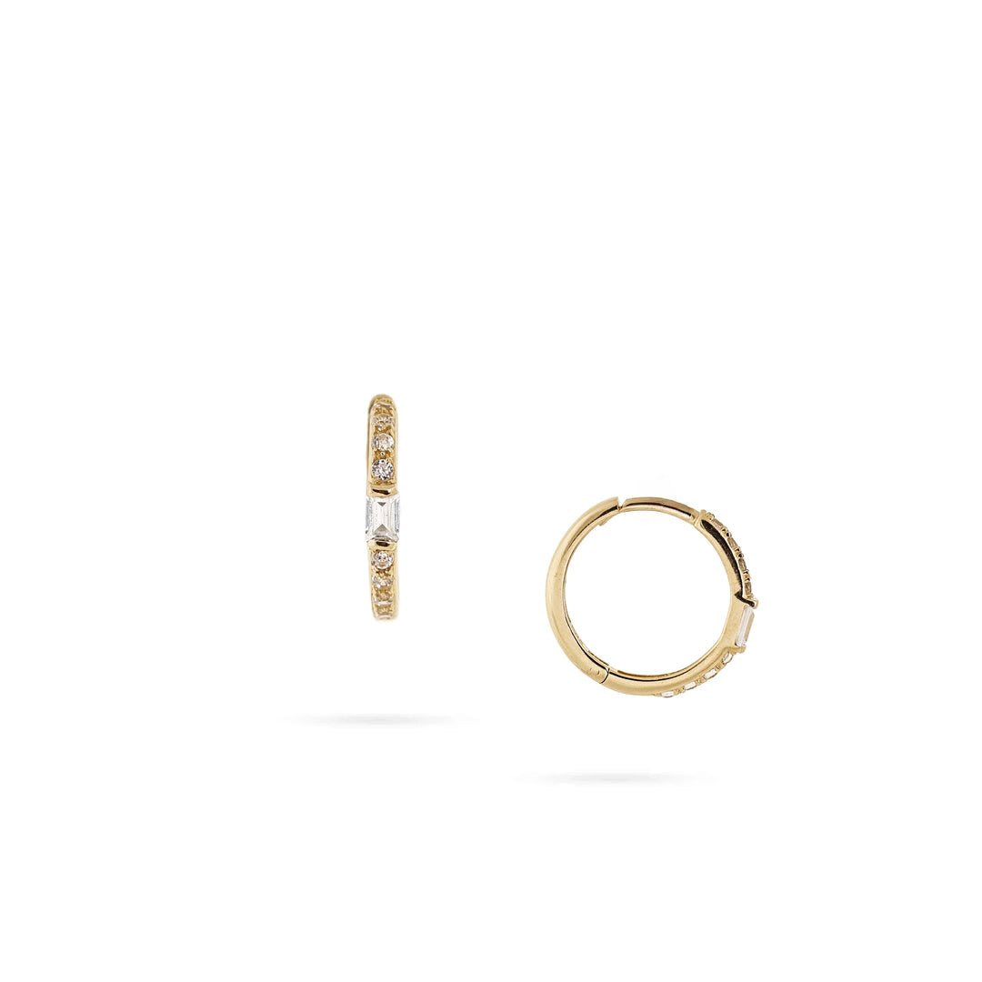 14K Gold Hoop Earrings with an Elongated Stone by Senso Gold, on a white background