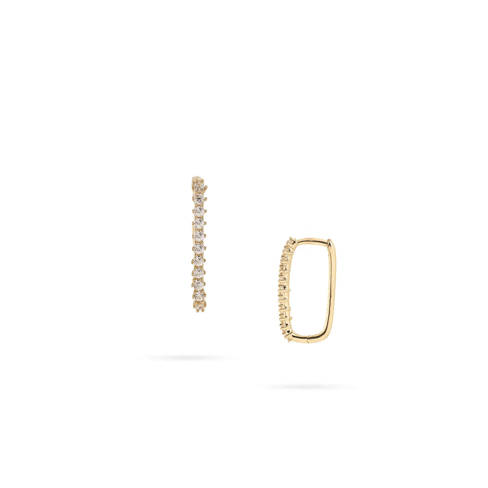 14K Rectangular Gold Hoop Earrings with Zircon by Senso Gold, on a white background