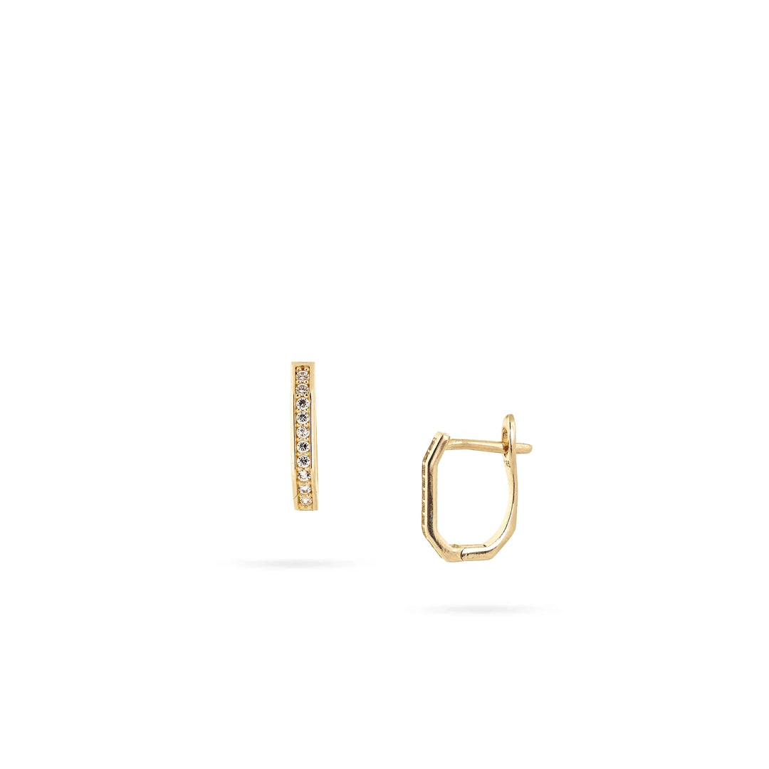 14K Rectangular Gold Hoop Earrings with Cubic Zirconia by Senso Gold, on a white background