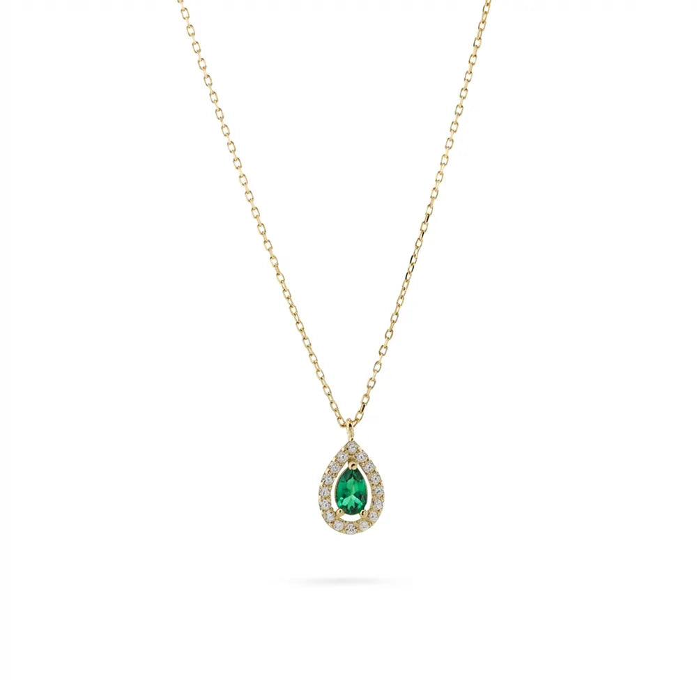 Златно колие с висулка капка, зелен централен циркон и бели циркони
