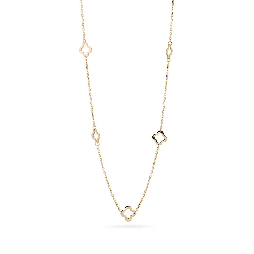 Senso Gold 14K gold necklace with five rounded clover outlines spaced along a fine chain