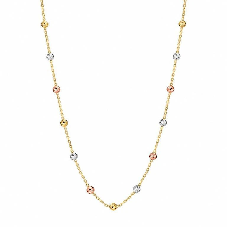 14K Gold Necklace with Textured Beads and Three-Tone Accents by Senso Gold, DN3321, on a white background