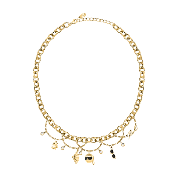 Златно колие с висулки и кристали, показано в цял размер с тройна верига и чармове.