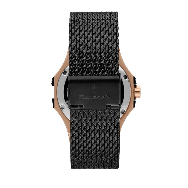 Часовник Maserati Potenza. Мъжки часовник с кварцов механизъм TMI VJ42. Каса 42 мм от стомана с розово златно PVD покритие. Черен циферблат и верижка от стомана с черно PDV покритие. Водоустойчивост 10 ATM. Минерално стъкло. Гаранция 2 години.
