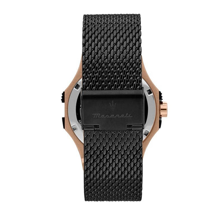 Часовник Maserati Potenza. Мъжки часовник с кварцов механизъм TMI VJ42. Каса 42 мм от стомана с розово златно PVD покритие. Черен циферблат и верижка от стомана с черно PDV покритие. Водоустойчивост 10 ATM. Минерално стъкло. Гаранция 2 години.